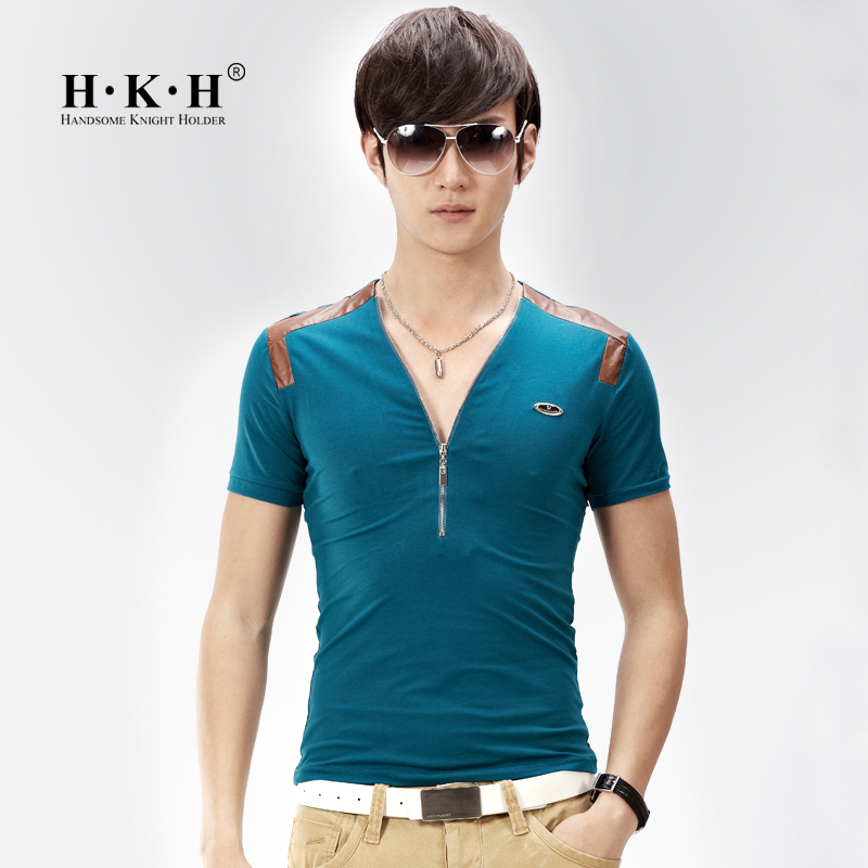 夏季上新V领T恤男短...