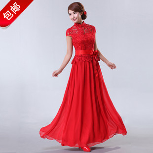  中式旗袍结婚礼服新娘蕾丝旗袍长款修身敬酒服冬季红色改良时尚