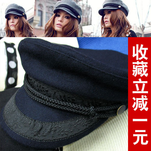 呛口小辣椒帽子呢黑色海军帽船长帽贝雷帽秋冬女士帽vivi杂志同款
