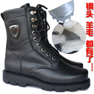  爆款冬季男式时尚户外雪地防寒军靴工装靴羊毛牛皮高腰钢头钢底靴