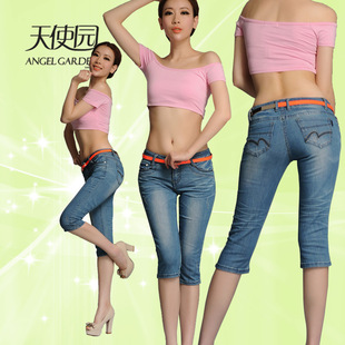  天使园夏装新品中低腰修身七分牛仔裤夏季浅色薄款七分裤