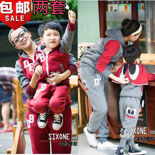  亲子装童装秋冬装新款韩版时尚大眼睛拼色套装母子母女装儿童套装
