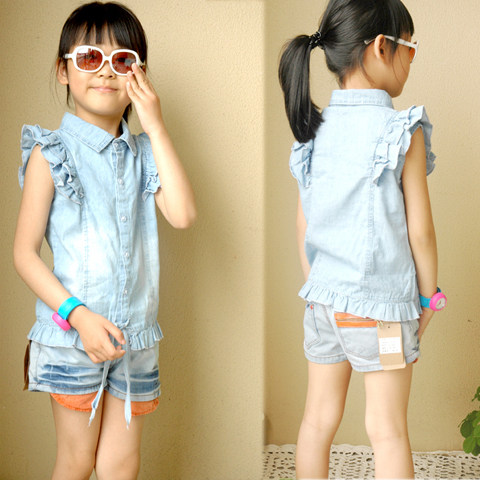 2012女童夏装 外贸<span class=H>童装</span>ZARA 潮妞 荷叶边短袖水洗牛仔衬衫系带款