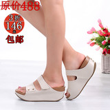 包邮正品凉拖2012夏季新品真皮坡跟松糕厚底鞋摇摇女鞋女凉鞋拖鞋