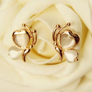  爱心猫眼石蝴蝶假耳钉耳环螺旋无耳洞U型耳夹 韩国气质可爱耳饰品