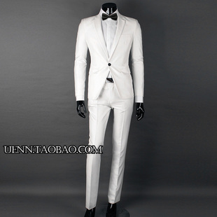  奢华原单精品新款潮白色一粒扣修身男士西服结婚礼服西装套装