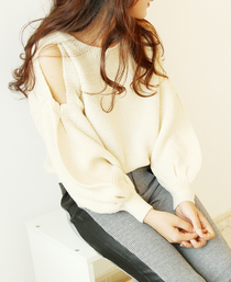 韩版杂志露肩灯笼袖短款毛衣 套头圆领宽松女 上衣复古长袖气质