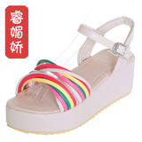 包邮 2012夏季小坡跟彩色条纹PU女鞋子平底厚底松糕高跟凉鞋子J4