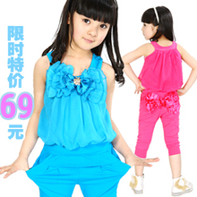 丝丝百合品牌女童装 2012夏装新款哈伦裤吊带蝴蝶结运动休闲套装
