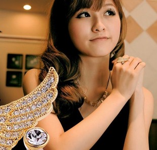  韩国潮人复古枪黑海盗船华丽水钻 天使翅膀戒指 食指 情侣钻戒 女