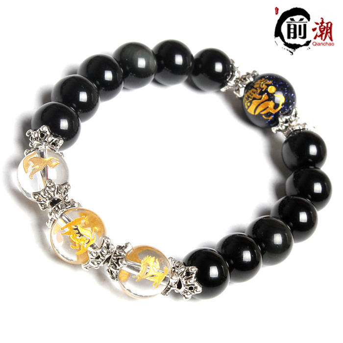 开光吉祥物 生肖虎水晶手链黑曜石三奇三合贵人麟鹤采珠手链 开光吉祥物 生肖虎水晶手链黑曜石三奇三合贵人麟鹤采珠手链
