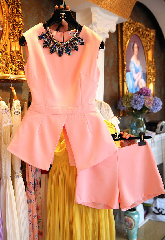 水钻项链收腰开叉<em>上衣+短裤</em>2<em>件套</em>装 - 服饰鞋帽