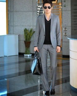  修身西服西装套装 结婚伴郎礼服 职业休闲西装 韩版男装灰色套装