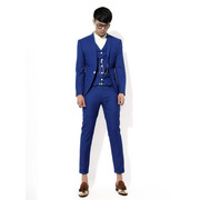 欧美街拍范宝蓝色复古修身西装三件套韩版西服英伦，男套装男装