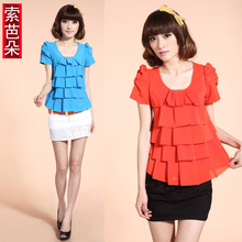 索芭朵女装2012夏装新款时尚上衣纯色<span class=H>层</span><span class=H>层</span>衬<span class=H>衫</span>短袖<span class=H>雪纺</span><span class=H>衫</span>2201