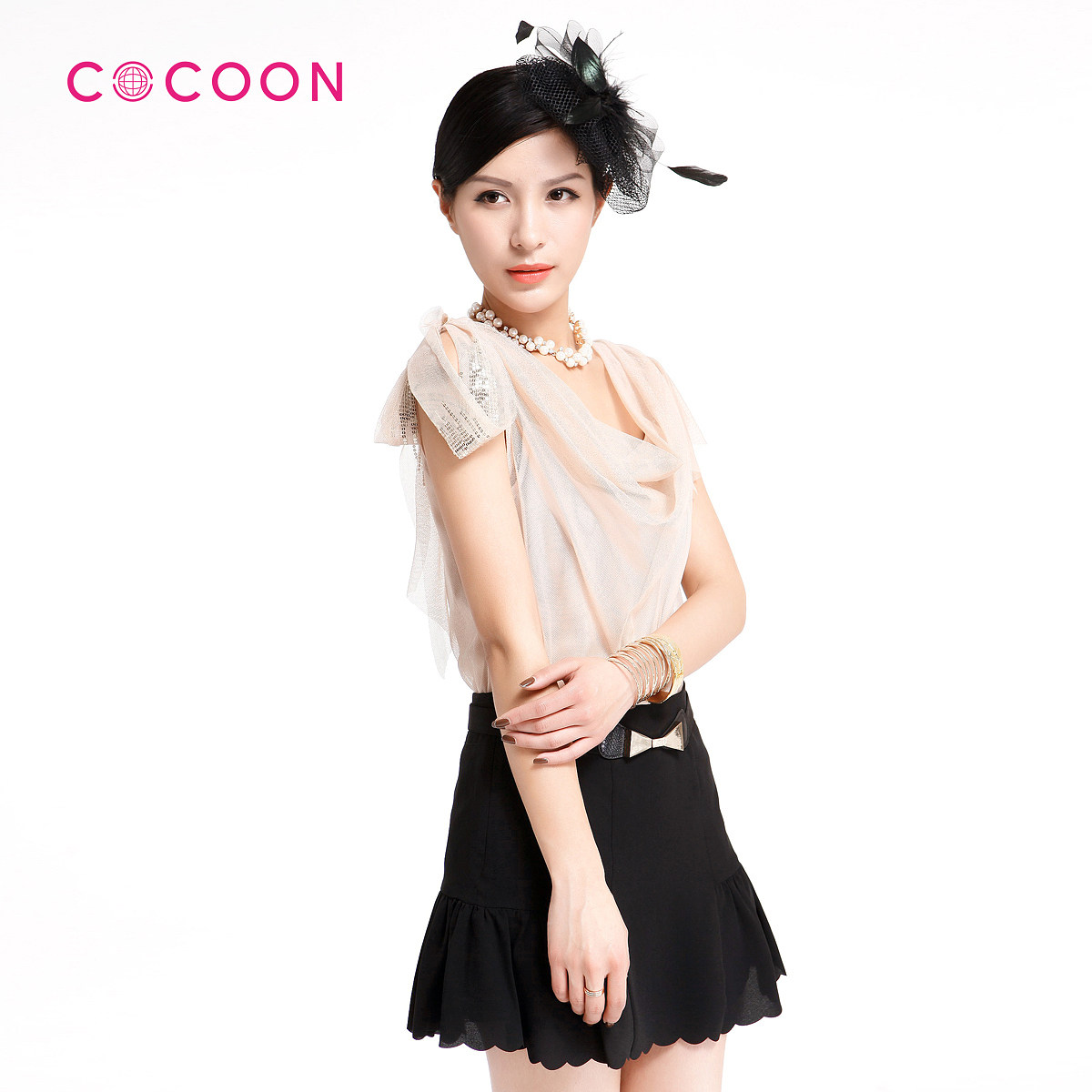 COCOON新品网纱亮片不规则袖口上衣两件套212103007原价1388