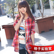 2012春装新款樱桃/韩国女装长款格子衬衫女款长袖纯棉普厚英伦