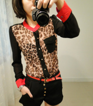 2012女新款 韩版垫肩立领豹纹撞色雪纺衬衫长袖衬衣 大热款 正版