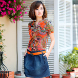歌莉娅风2012夏正品牌女装 田园时尚民族风雪纺拼接牛仔连衣裙女