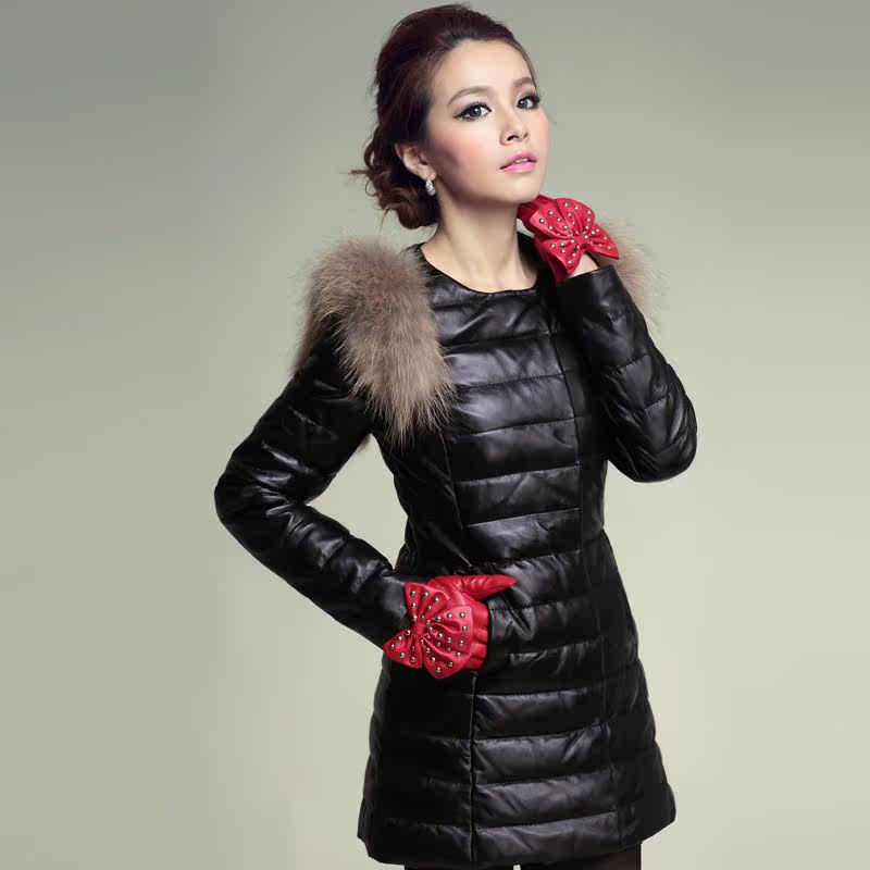海宁皮衣2012新款真皮羽绒服女羊皮真皮皮衣中长款修身欧洲站外套