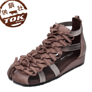  民族风阿卡裂帛中国罗马风格花朵包头中跟手工头层牛皮复古女凉鞋