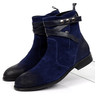  春秋zara风格铆钉靴复古坡跟靴子尖头磨砂牛皮高帮男鞋短筒男靴