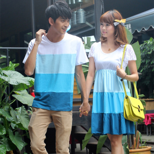  珈伊尚新品夏装 条纹拼接情侣装短袖t恤 韩版宽松蕾丝女裙潮
