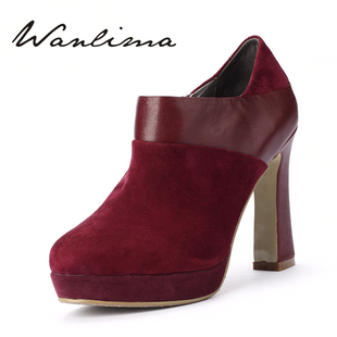  万里马冬季酒红色冬鞋短靴结婚鞋子高跟鞋女踝靴深口鞋新娘鞋