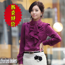 2012韩版新款春装 时尚修身女士长袖衬衫 泡泡袖立领荷叶边衬衣