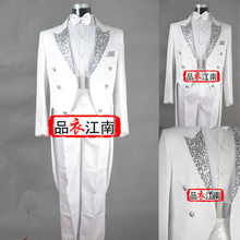 白色燕尾服领口镶银色花纹改良版/男士燕尾服/品衣江南特供