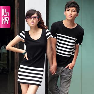  心牌情侣装 夏装短袖打底连衣裙 夏季新款女装两件套