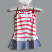 儿童夏季外贸原单女童纯棉吊带蕾丝红白色条纹拼接牛仔布连衣裙