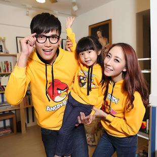  亲子装童装秋冬装纯棉带帽加绒卫衣全家装愤怒的小鸟父子父女装