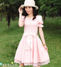 现货秒杀学生装阿依莲风格淑女夏装韩版修身粉色短袖纯棉连衣裙子