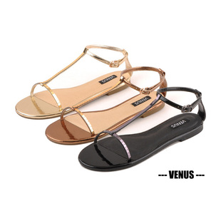  闪耀BLING欧美奢华夏新款真皮软垫牛筋平底女漆皮平跟凉鞋子