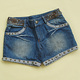 纯棉牛仔短裤 翻边牛仔短裤 手工订珠 OL风格 原价349元