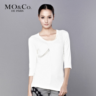 MO&Co. 摩安珂春秋女装 M111TST09纯色纯棉女T恤 圆领长袖打底T