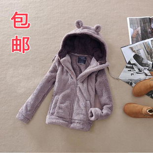  可爱立体耳朵连帽羊羔绒毛帽衫绒衫加厚小熊卫衣外套 女