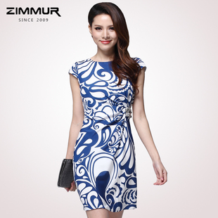  zimmur正品 夏季新款 青花瓷修身连衣裙 [Z12CQW277BW]