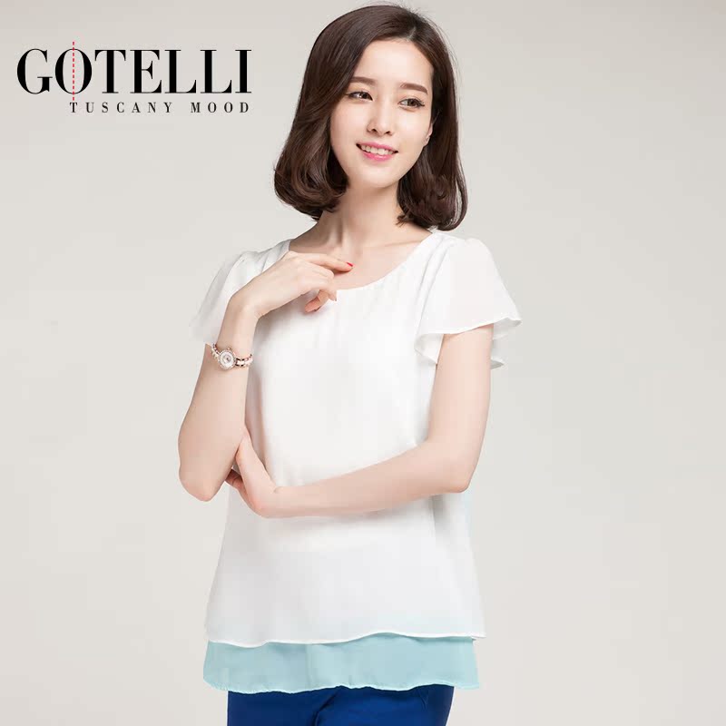GOTELLI 女夏装2014新款 雪纺衫短袖圆领两件套 白色宽松大码上衣