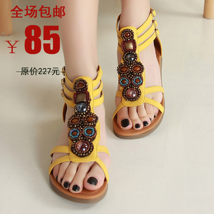  展风特价 夏季新欧美波西米亚串珠平底公主鞋漆皮平跟女凉鞋7555