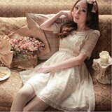 2012夏装新款女装 日系甜美五分袖绣花网拼蕾丝高腰连衣裙