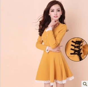 上下架计划:2014春秋款气质女装修身收腰时尚韩版长袖蕾丝花边打底连衣裙潮女