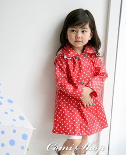  韩版潮流女童最新款春秋装儿童风衣宝宝可爱红色点点连帽长款外套