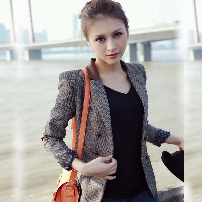 韩版皮革拼接复古修身...