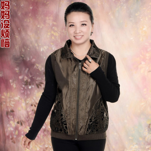  春秋季新品牌中老年人女式装无袖外套夹克亮面妈妈马甲夹背心