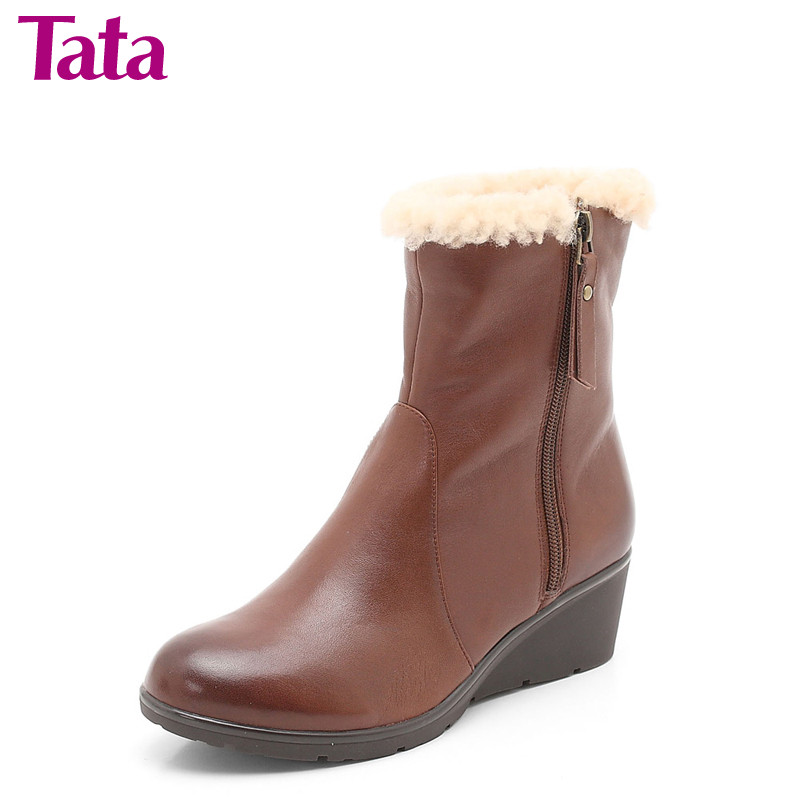 Tata/他她 牛皮/绒里2JQ42R 冬季新品 简约百搭 女中筒靴子 正品