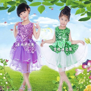 紫色儿童舞蹈纱裙 秒杀现代演出服装亮片小学