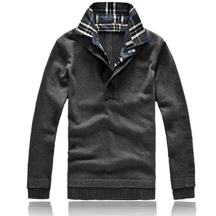  韩版潮男打底毛衣假两件休闲衫翻领男士毛衣针织衫加肥加大码男装