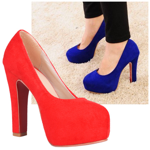  冬季结婚鞋子 新娘大红色高跟鞋防水台粗跟单鞋欧美夜店宝蓝色女
